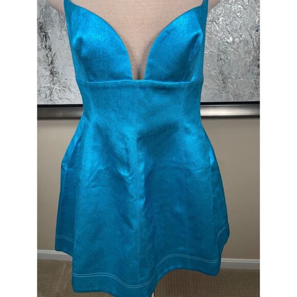 Acler Mornington Lace Back Cyan Metallic Mini Dress Size 10 - Picture 3 of 6